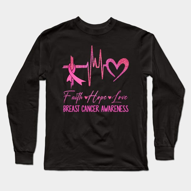 Faith Hope Love Breast Cancer Awareness Ribbon Heartbeat Long Sleeve T-Shirt by James Green